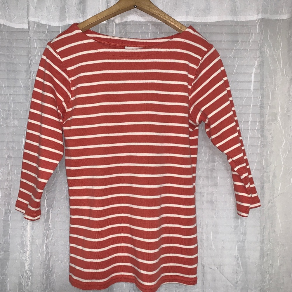 LL Bean Women's M 3/4 Sleeve Pink White Wide Neck